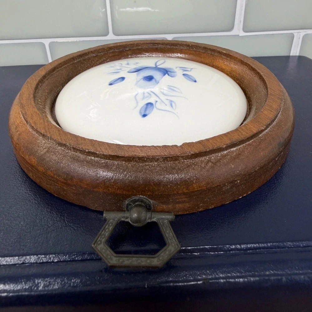 VTG Lasting Products Inc Hand Painted Blue Rose Ceramic & Wood Wall Plaque